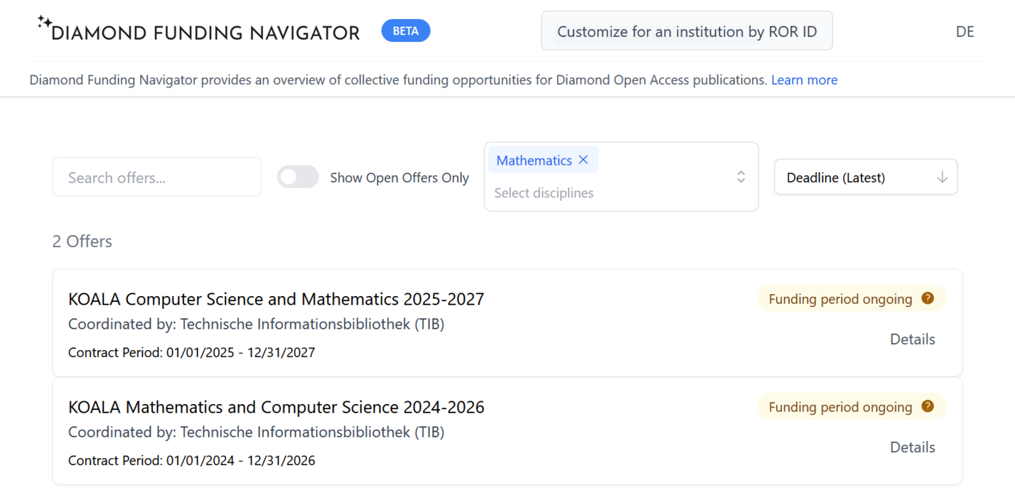 Screenshot des Diamond Funding Navigator. Ausschnitt der Detailansicht eines Angebots mit institutionsbezogenen sowie Gesamt-Publikationsdaten der enthaltenen Zeitschriften.