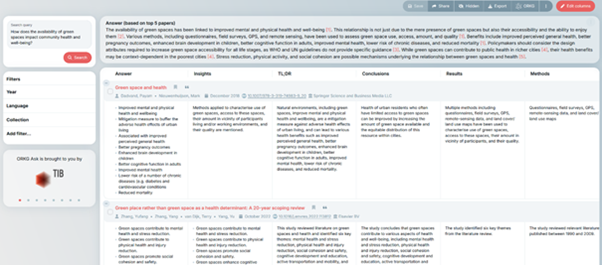 Screenshot der Antwortseite von ORKG ask